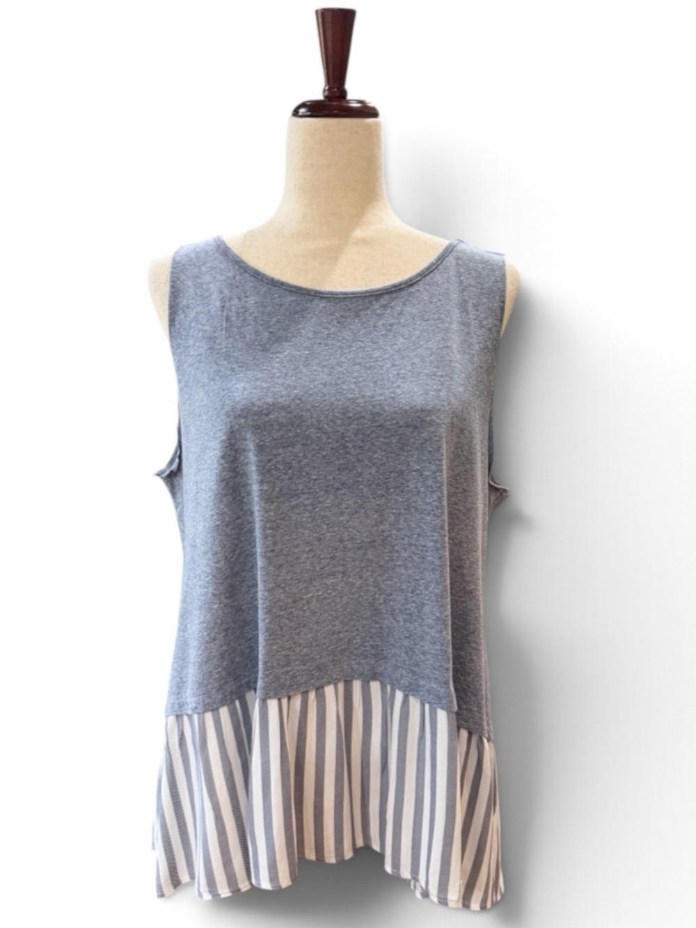 UMGEE Mixed Media Heather Blue Tank with Striped Ruffle Hem - Size M